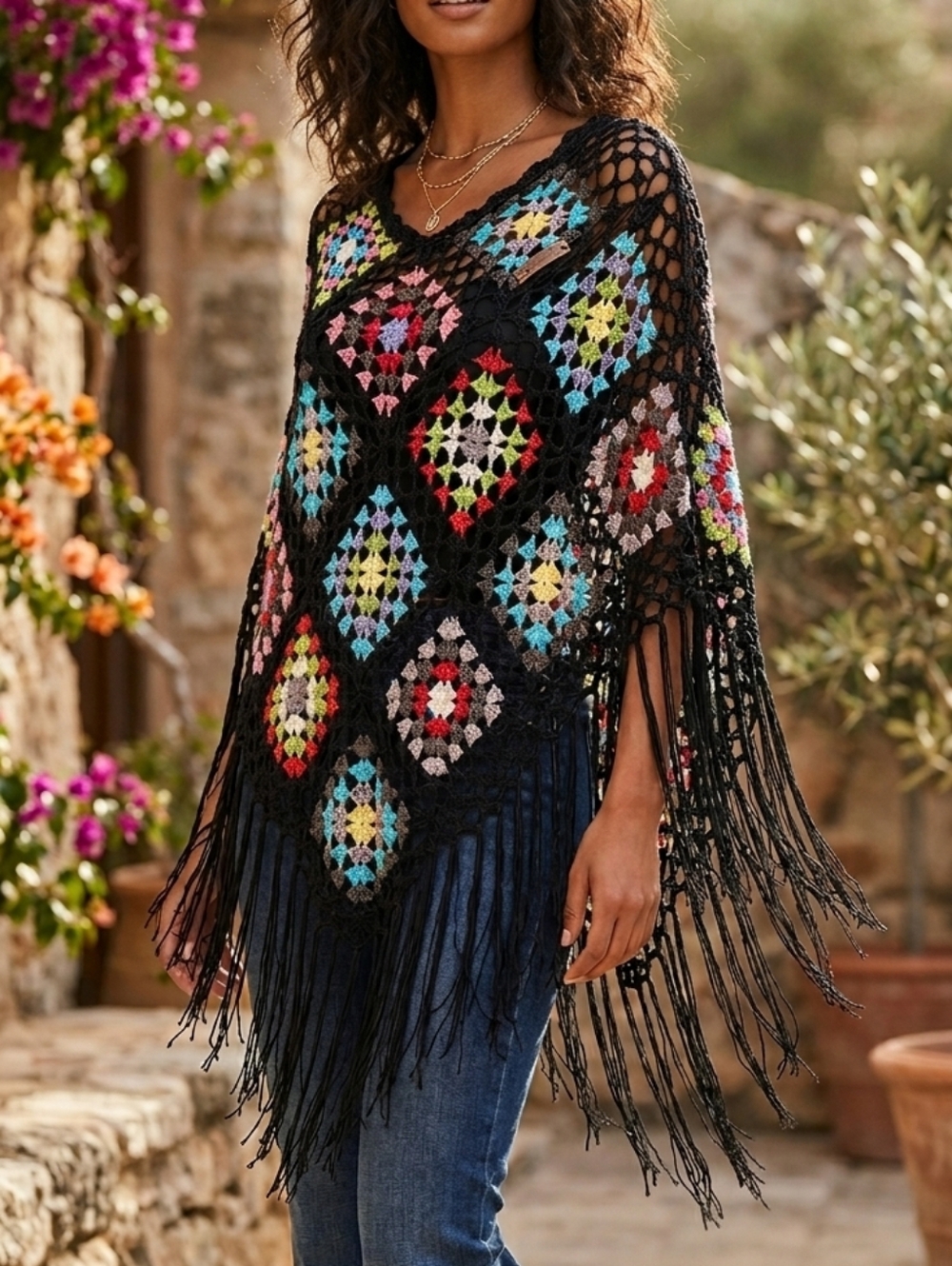 [Say What?] Black Crochet Fringe Poncho Multicolor Diamond Motifs